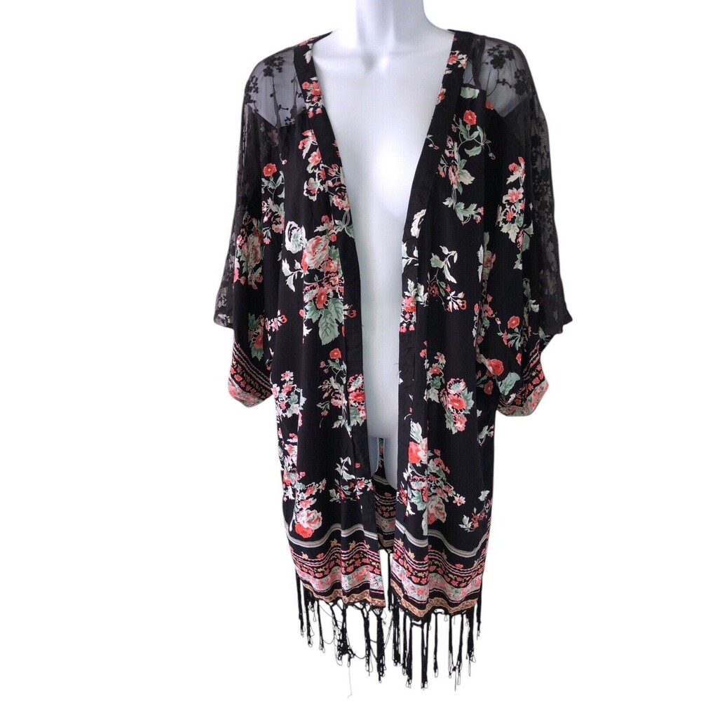 World Market Kimono Kaftan Open Long Boho Fringe Trim One Size Black Floral